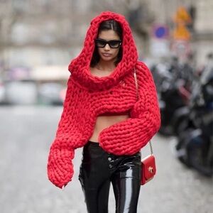 This cherry red light wool cable knit shrug is a must have.